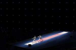 Anna Marton of Hungary, right, fences against Manon Brunet of France during women's saber individual fencing competition in the 2016 Summer Olympics in Rio de Janeiro, Brazil, Monday, Aug. 8, 2016. (AP Photo/Gregory Bull)